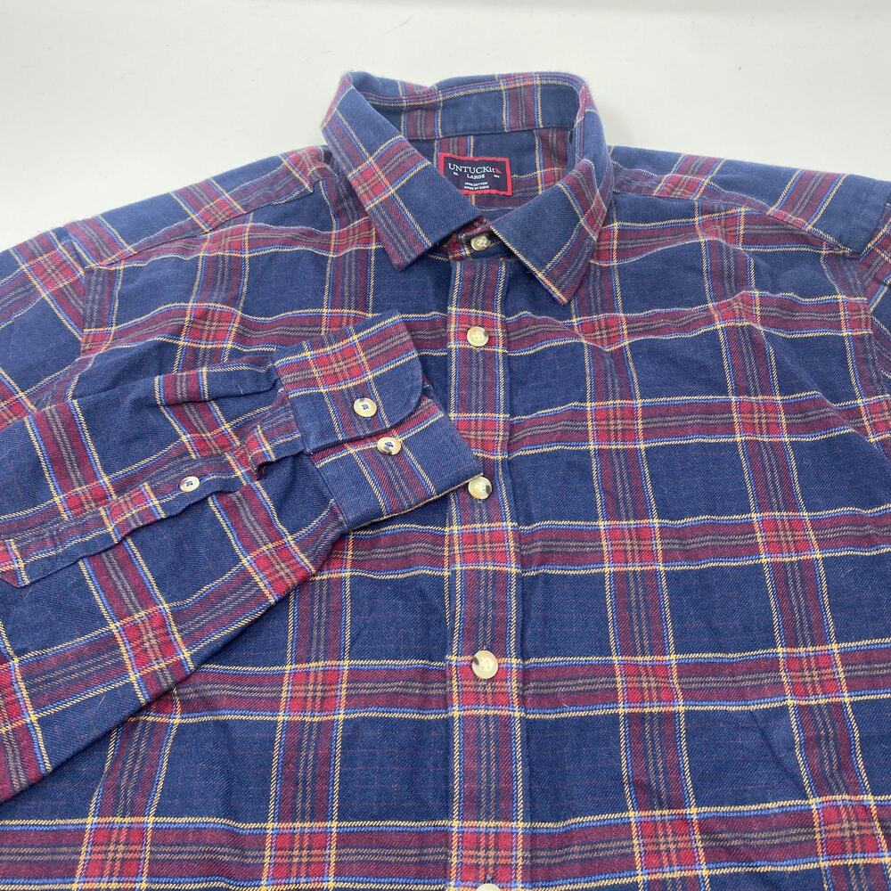 Untuckit Large Blue Red Plaid Long Sleeve Button Up Cotton Rosato Flannel Shirt‎